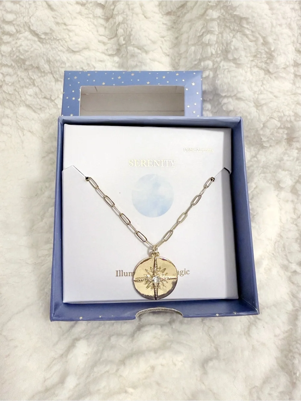 New! “Serenity” Gold Compass Star Medallion Necklace with Paperclip Chain